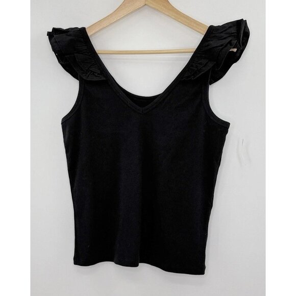 NWT Old Navy‎ Black Ruffle Sleeveless V-Neck Ribbed Stretch Top Sz L Boho - Picture 1 of 9